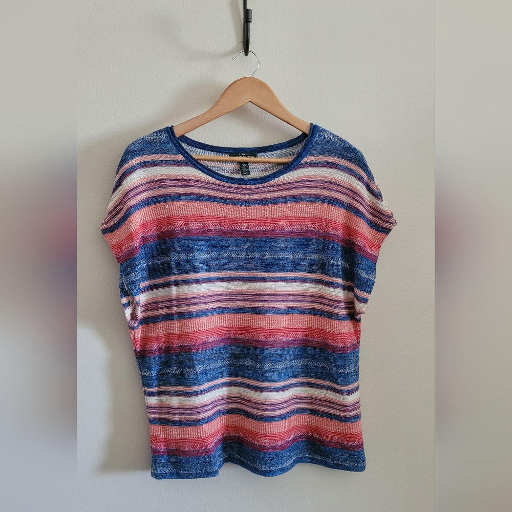 Ralph Lauren Linen Blend Multicolored Striped Capped Sleeve Top, Women's L